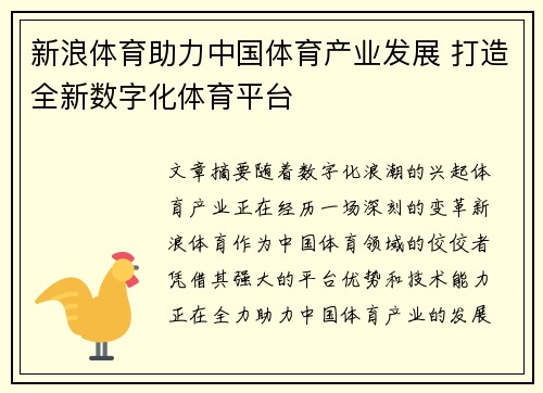 新浪体育助力中国体育产业发展 打造全新数字化体育平台